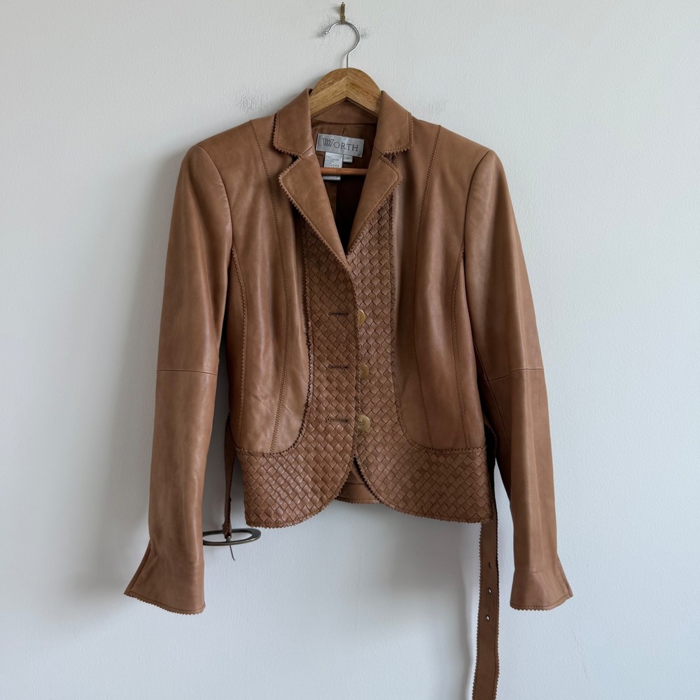 Vintage Y2K Worth Genuine Leather‎ Woven Belted Blazer Jacket - Picture 2 of 10